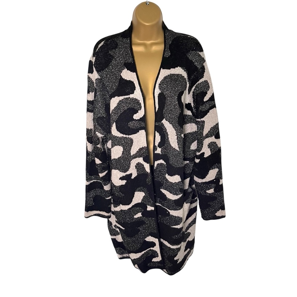 Nine West Open Front Cardigan Longline Metallic Knit Camo Black Combo XXL
